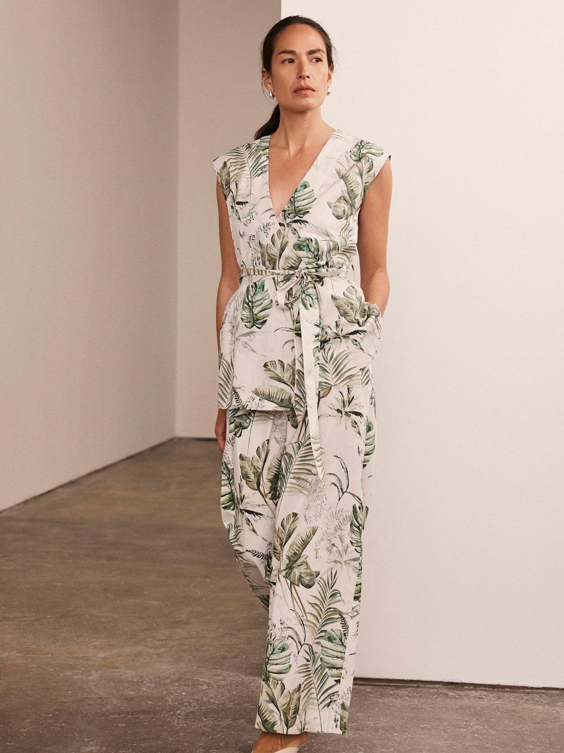 Product image 3 of 6, which shows Mint Velvet Palm Print Trousers, Green/Multi, L
