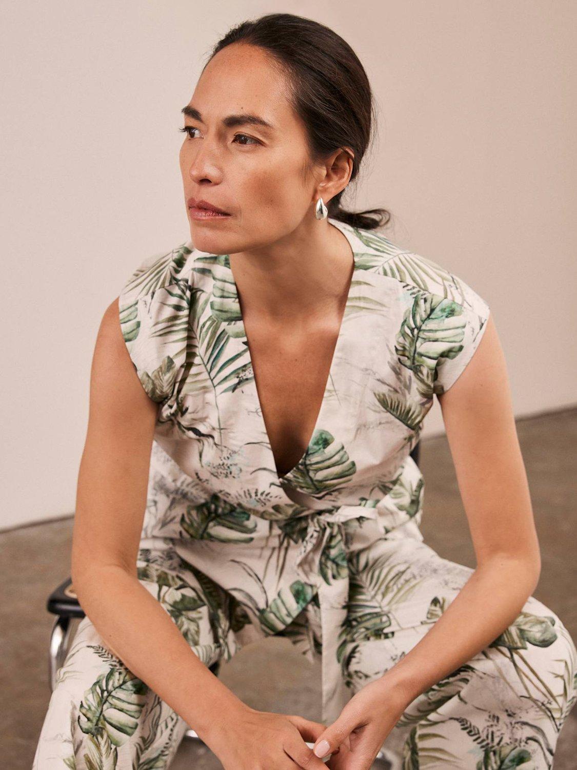 Product image 4 of 6, which shows Mint Velvet Palm Print Trousers, Green/Multi, L