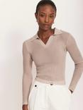 Mint Velvet Ribbed Embellished Collar Top, Natural Multi