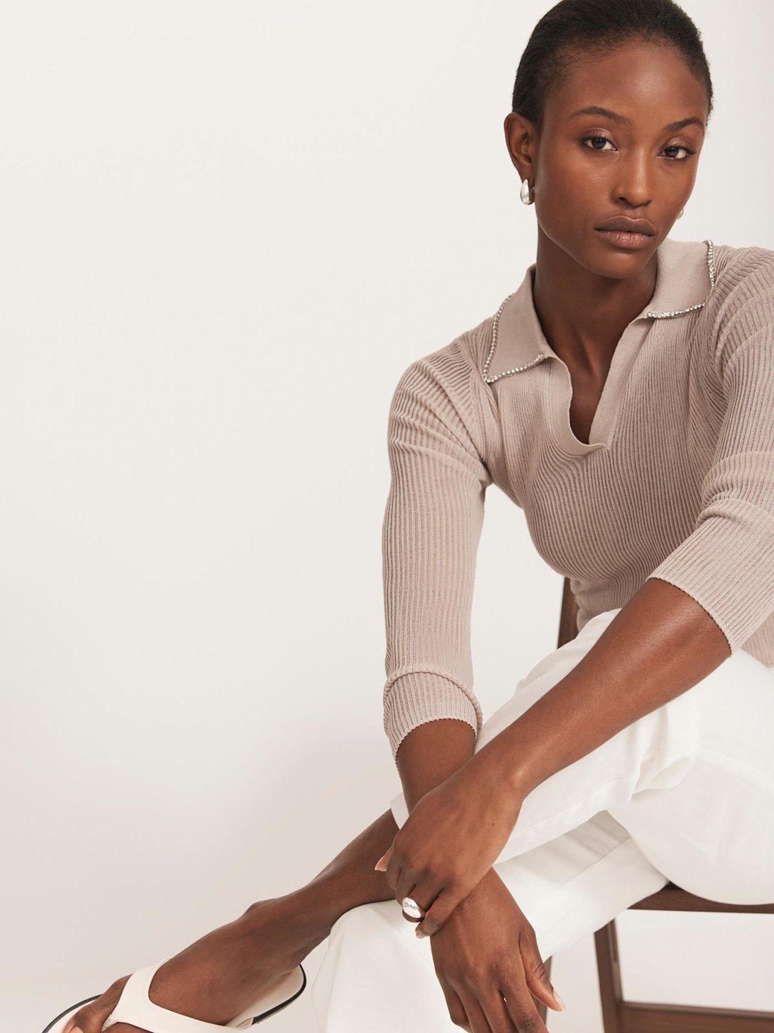 Product image 3 of 8, which shows Mint Velvet Ribbed Embellished Collar Top, Natural Multi, L