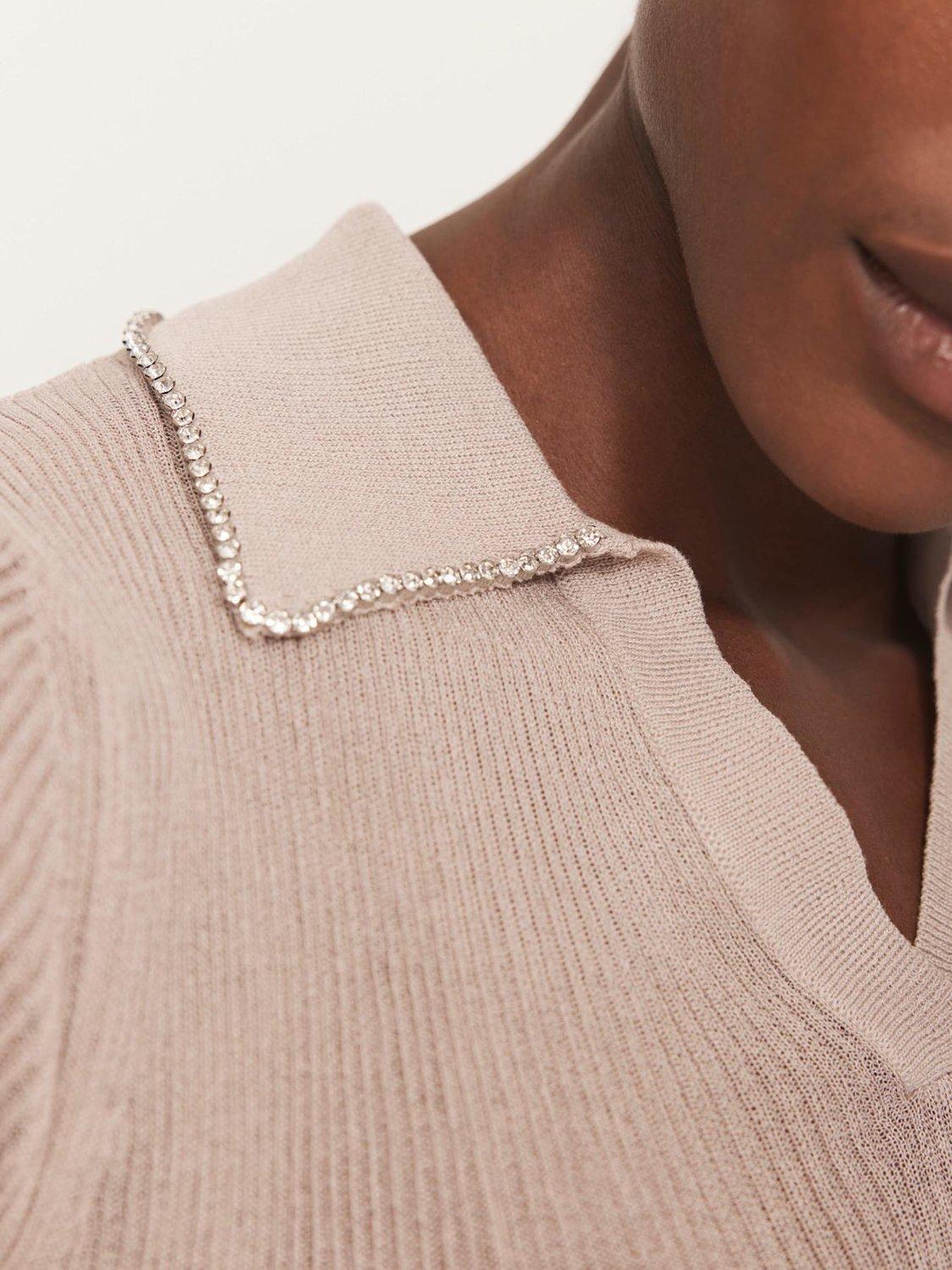 Product image 4 of 8, which shows Mint Velvet Ribbed Embellished Collar Top, Natural Multi, L