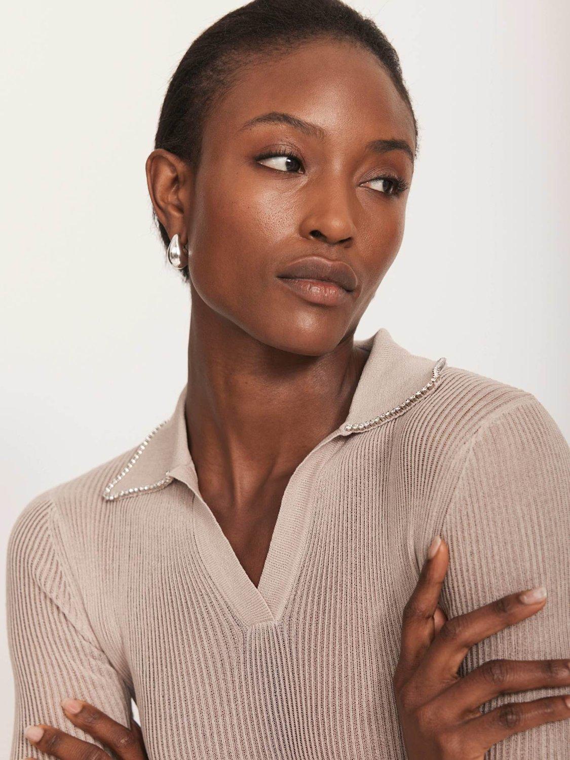 Product image 6 of 8, which shows Mint Velvet Ribbed Embellished Collar Top, Natural Multi, L