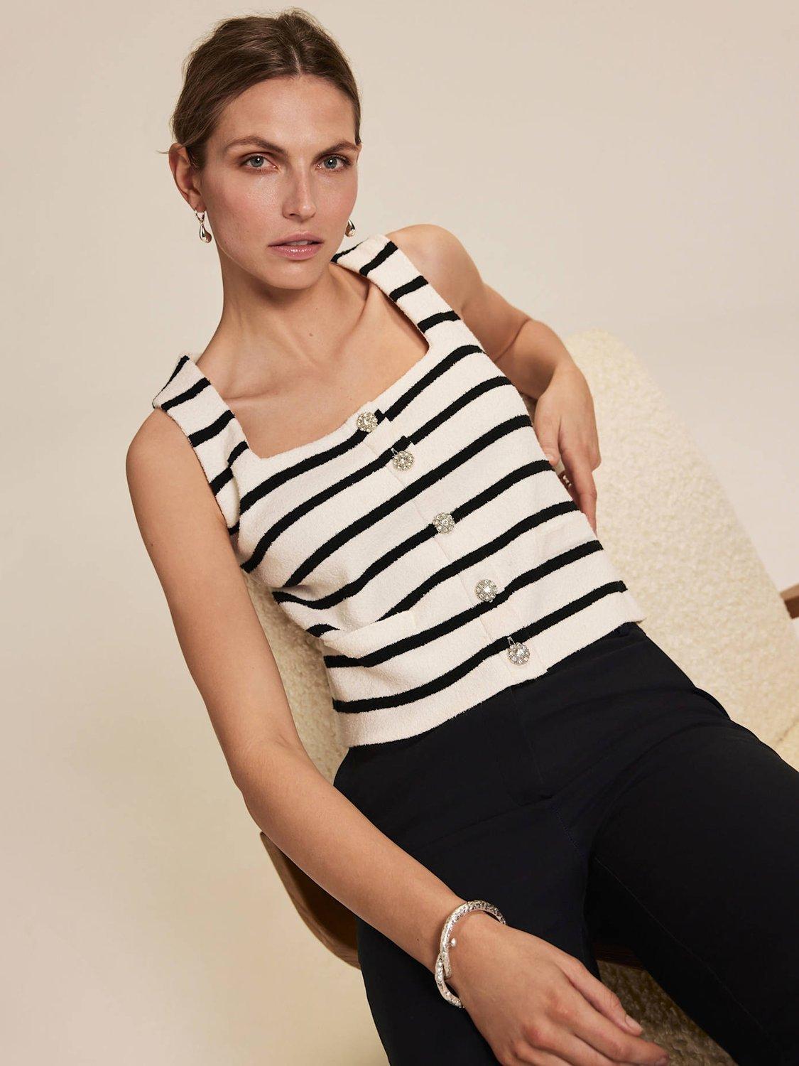 Product image 1 of 6, which shows Mint Velvet Stripe Knit Top, White Ivory, L