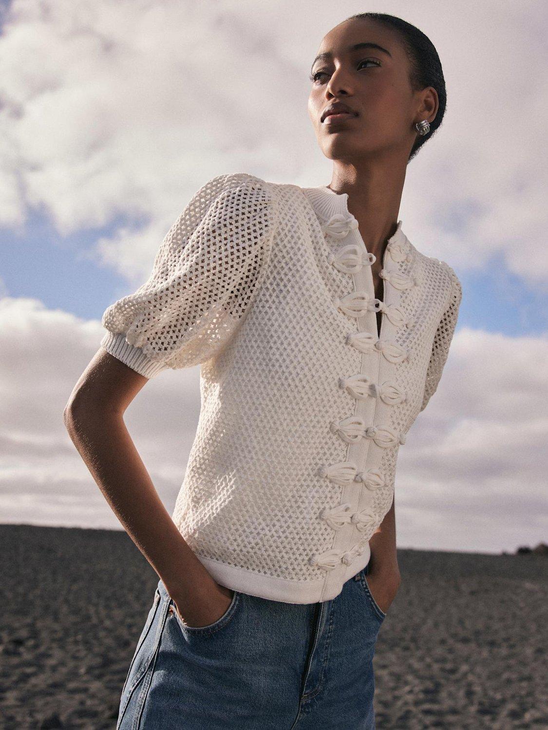 Mint Velvet Ribbed Trim Open Knit Top, White Ivory
