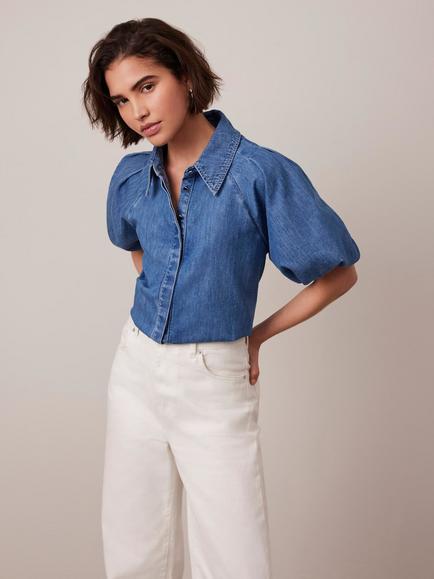 Mint Velvet Puff Sleeve Denim Shirt, Blue, Blue