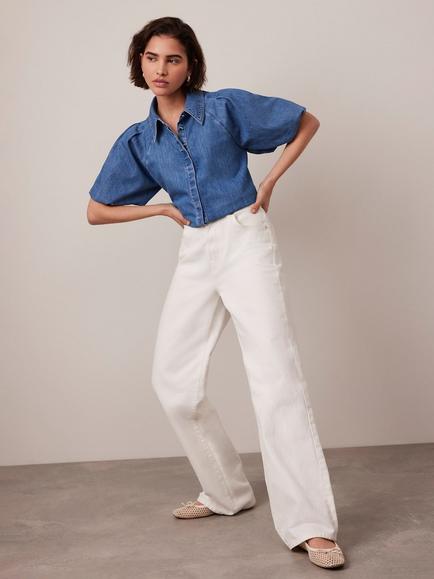 Mint Velvet Puff Sleeve Denim Shirt, Blue - view 2, Blue