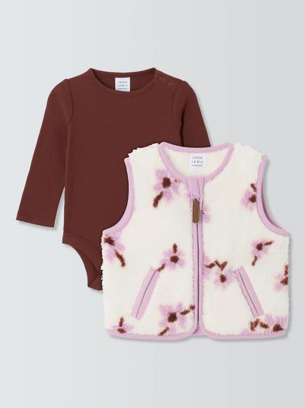 John Lewis Baby Floral Borg Gilet & Ribbed Long Sleeve Bodysuit Set, Multi, Multi