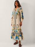 Monsoon Kara Floral Boho Drawstring Maxi Dress, Ivory/Multi