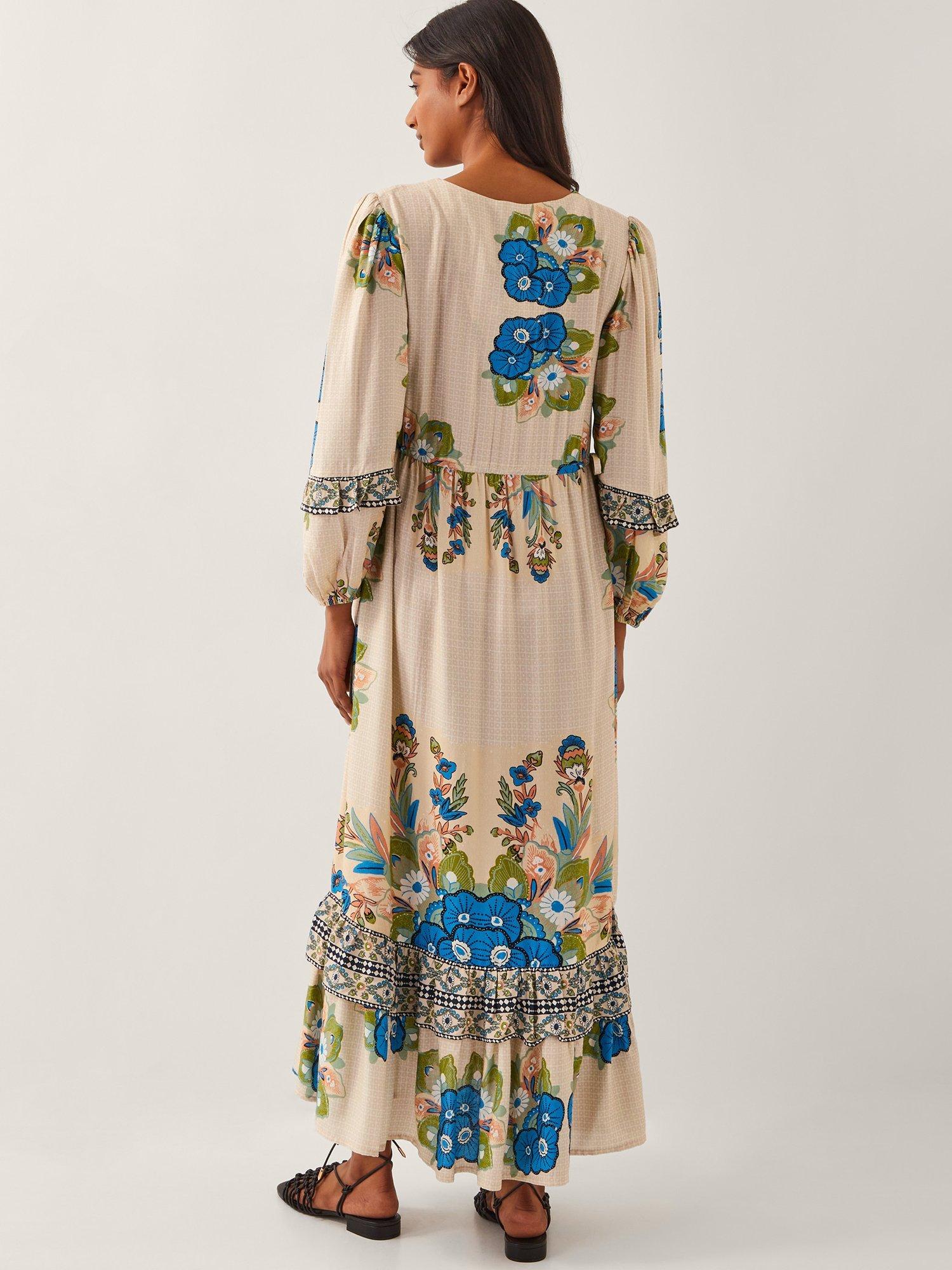 Product image 2 of 5, which shows Monsoon Kara Floral Boho Drawstring Maxi Dress, Ivory/Multi, S