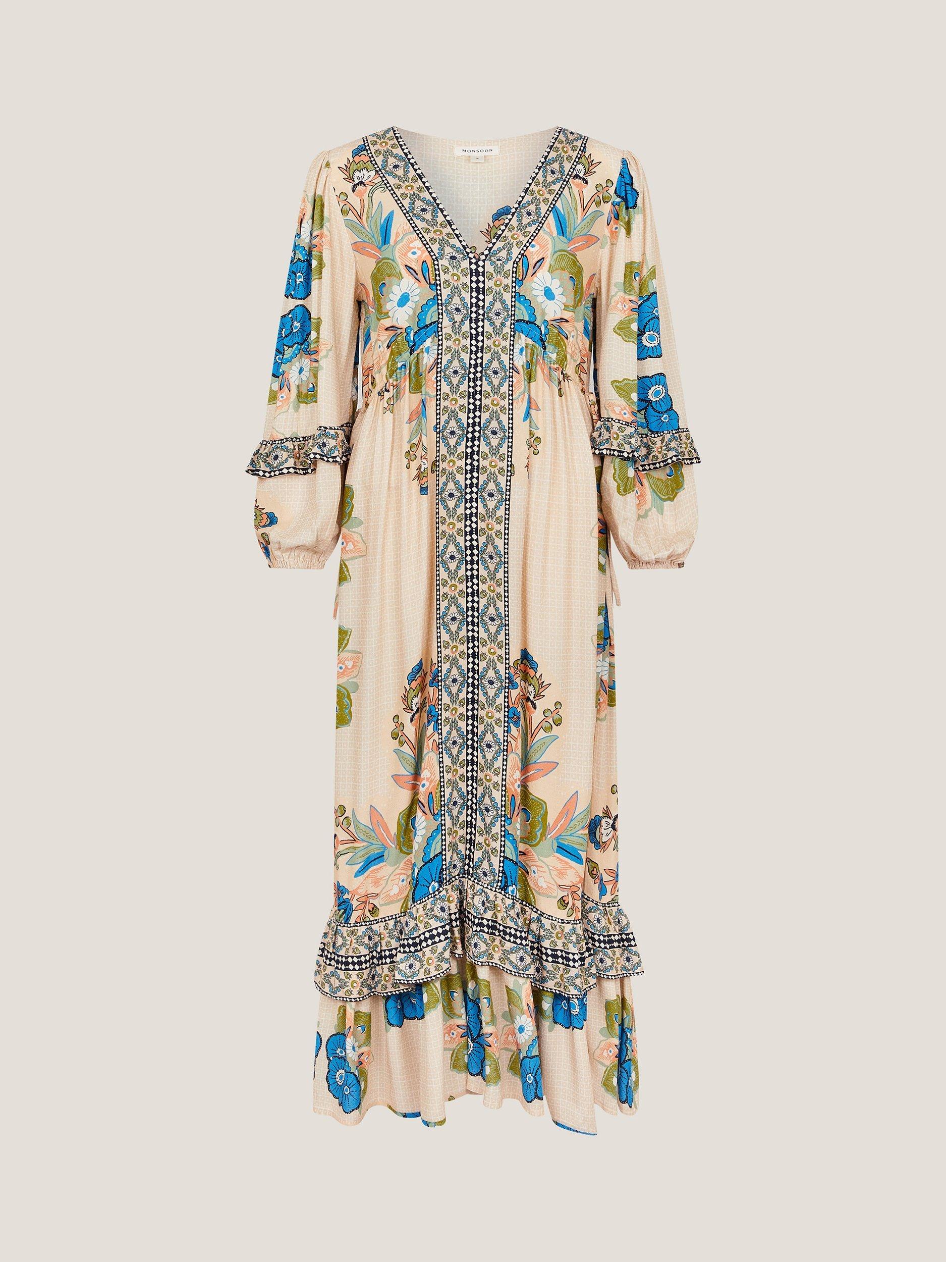 Product image 3 of 5, which shows Monsoon Kara Floral Boho Drawstring Maxi Dress, Ivory/Multi, S