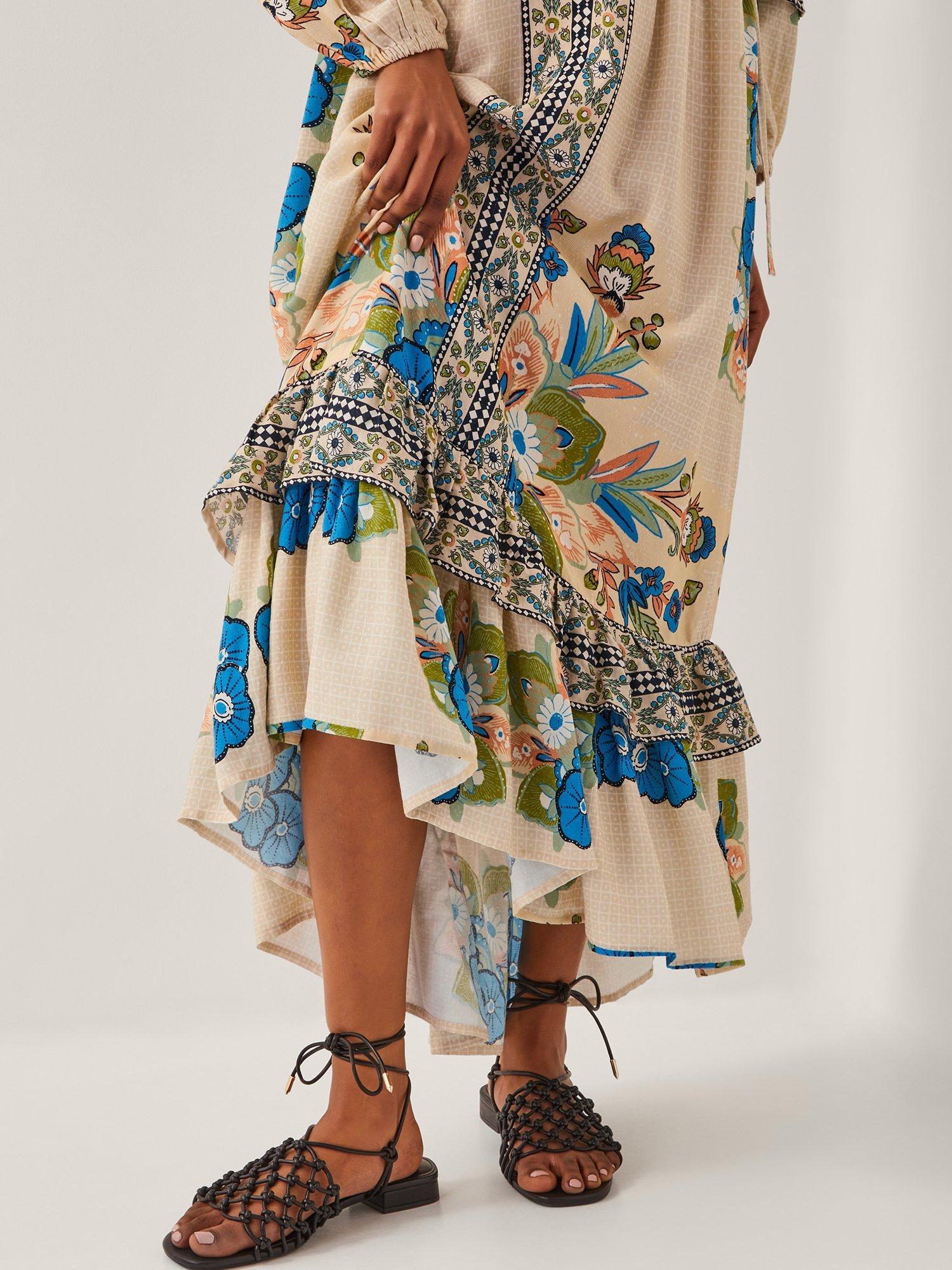 Product image 4 of 5, which shows Monsoon Kara Floral Boho Drawstring Maxi Dress, Ivory/Multi, S