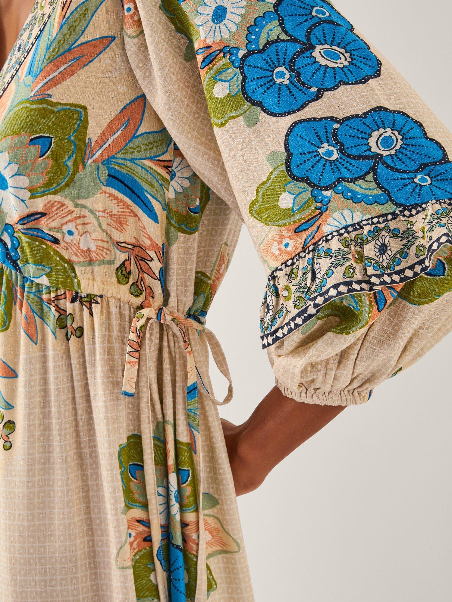 Product image 5 of 5, which shows Monsoon Kara Floral Boho Drawstring Maxi Dress, Ivory/Multi, S