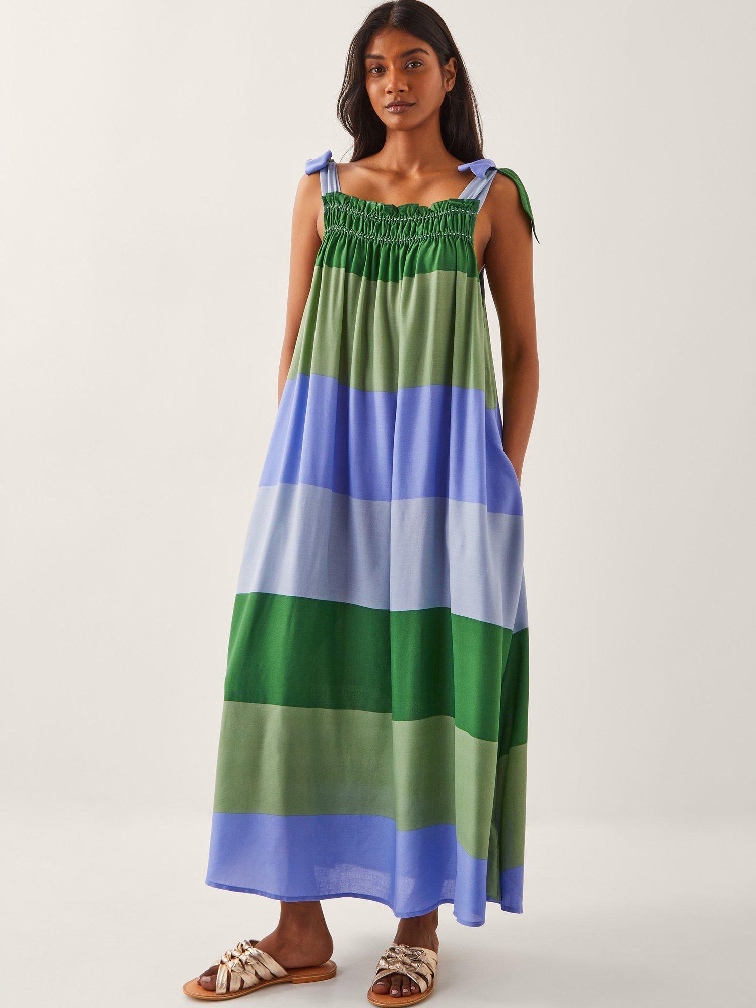 Product image 1 of 4, which shows Monsoon Lola Stripe Tie Strap Smocked Maxi Dress, Blue/Multi, S