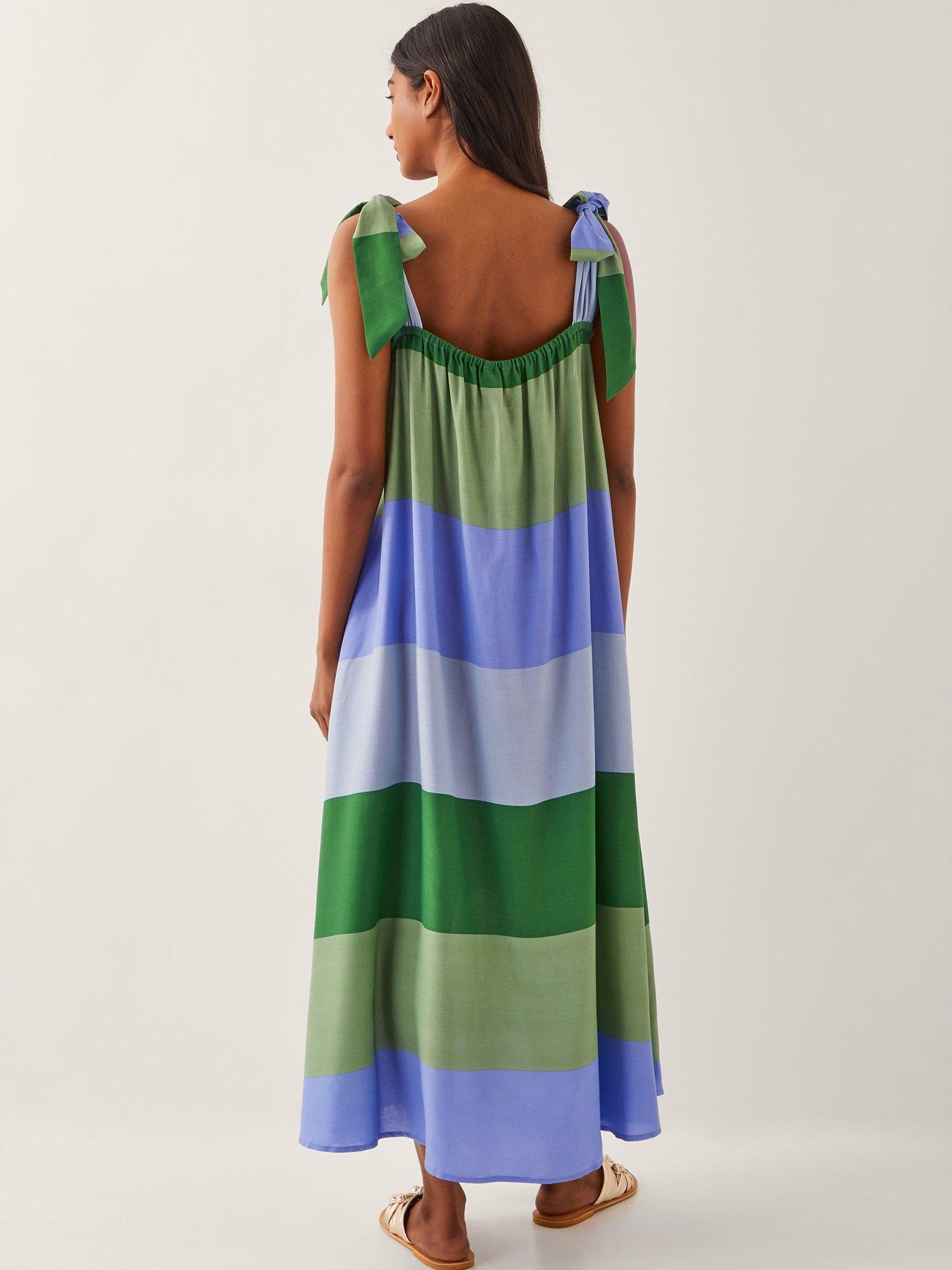 Product image 2 of 4, which shows Monsoon Lola Stripe Tie Strap Smocked Maxi Dress, Blue/Multi, S