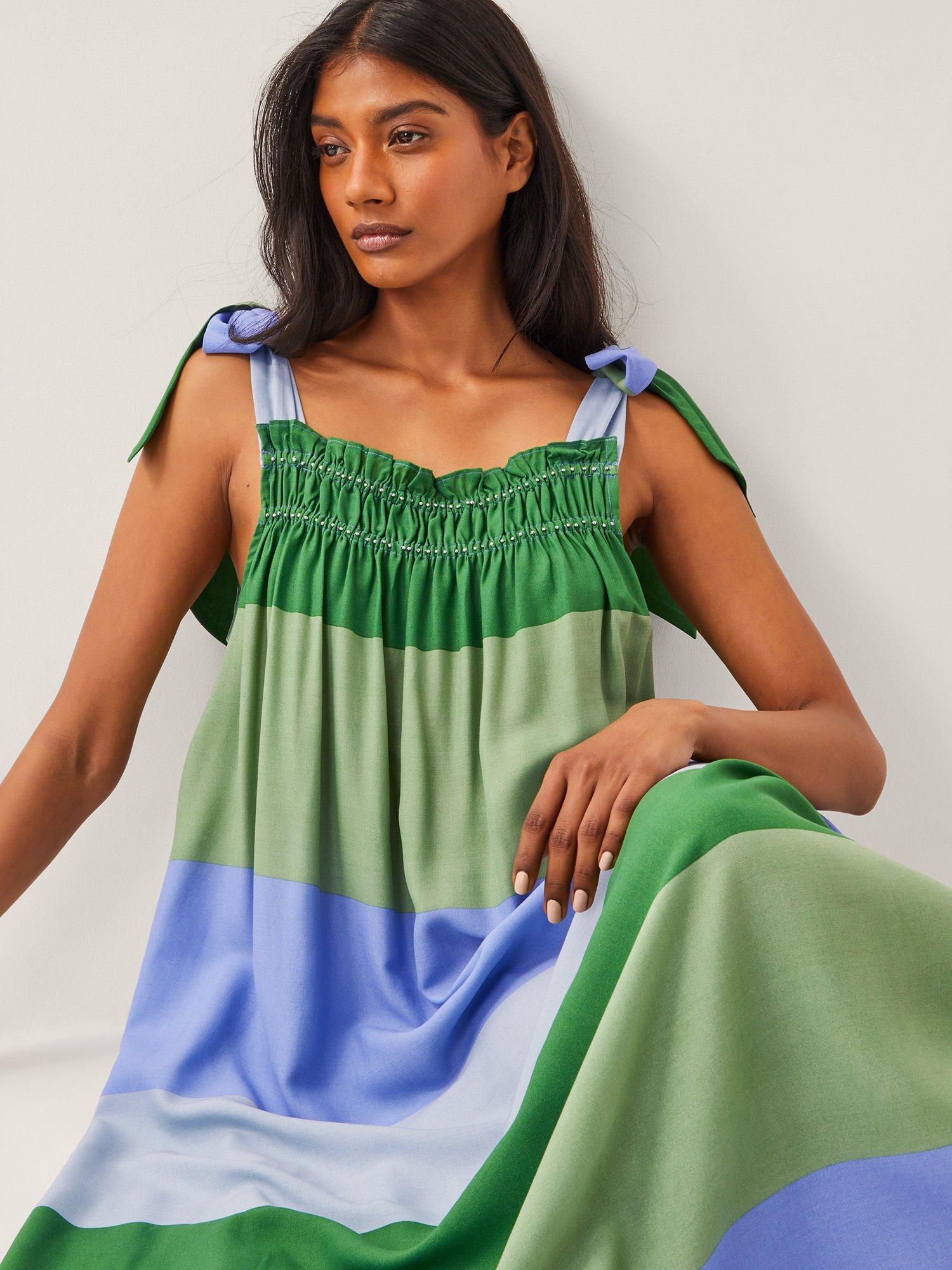 Product image 3 of 4, which shows Monsoon Lola Stripe Tie Strap Smocked Maxi Dress, Blue/Multi, S