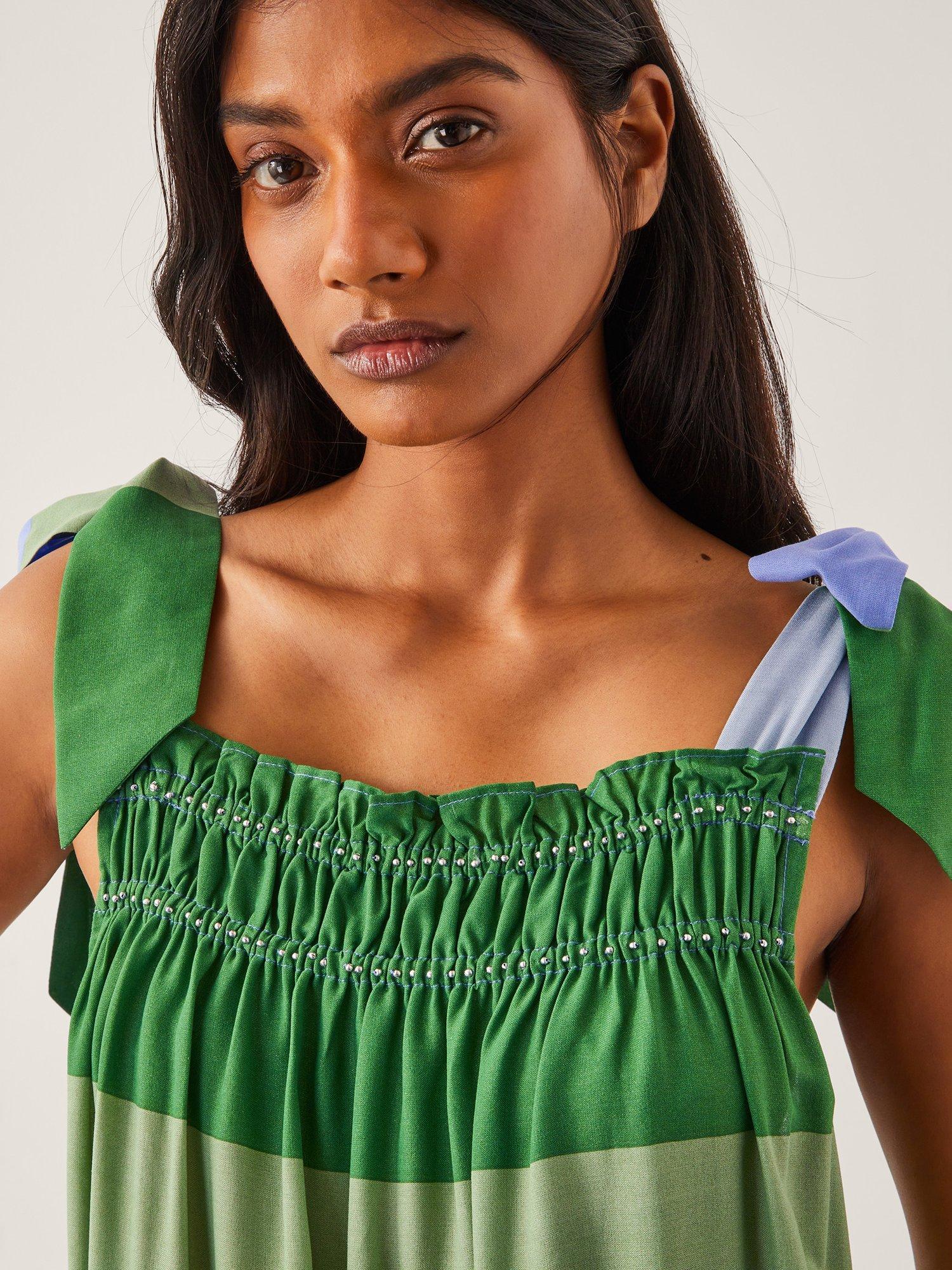 Product image 4 of 4, which shows Monsoon Lola Stripe Tie Strap Smocked Maxi Dress, Blue/Multi, S