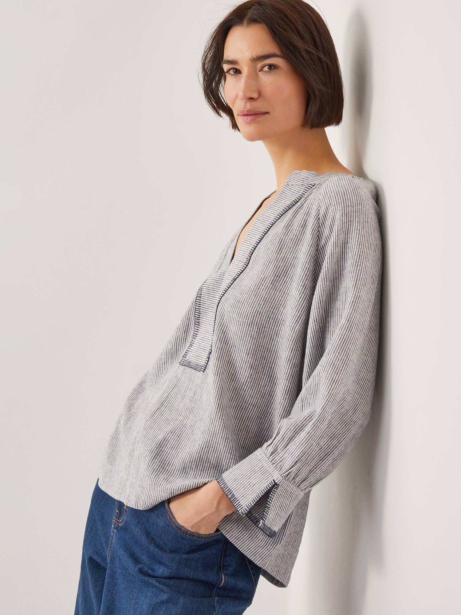 Product image 1 of 4, which shows Monsoon Frida Stripe Linen Blend Blouse, Blue/White, S