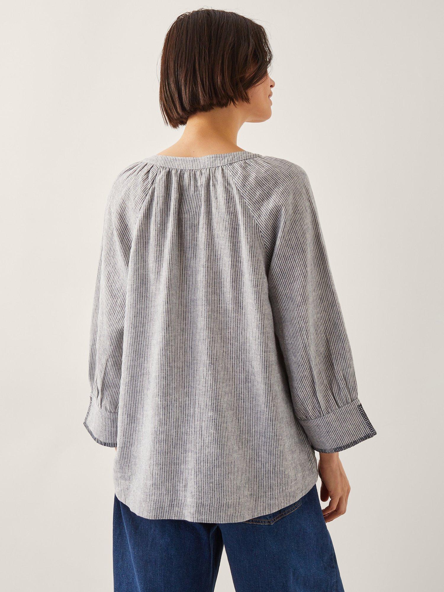 Product image 2 of 4, which shows Monsoon Frida Stripe Linen Blend Blouse, Blue/White, S
