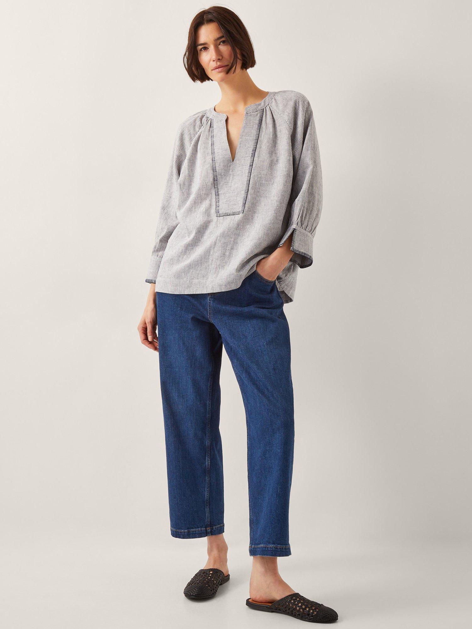 Product image 3 of 4, which shows Monsoon Frida Stripe Linen Blend Blouse, Blue/White, S