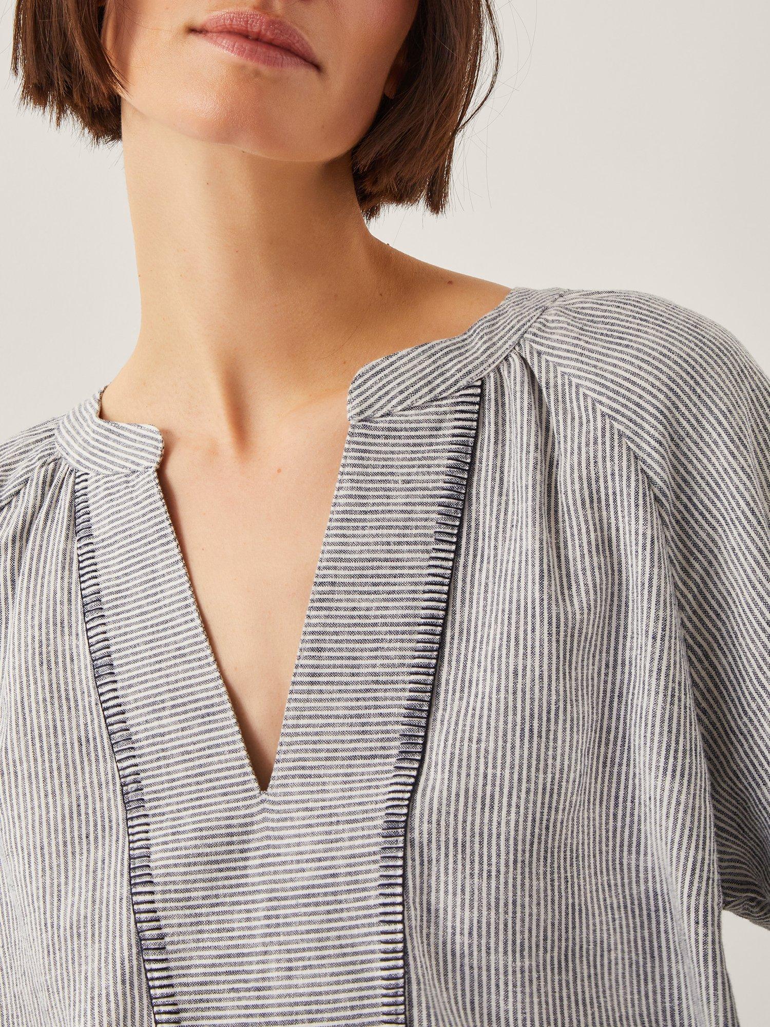 Product image 4 of 4, which shows Monsoon Frida Stripe Linen Blend Blouse, Blue/White, S