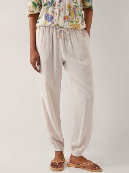 Monsoon Judy Linen Blend Drawstring Tapered Trousers, Natural