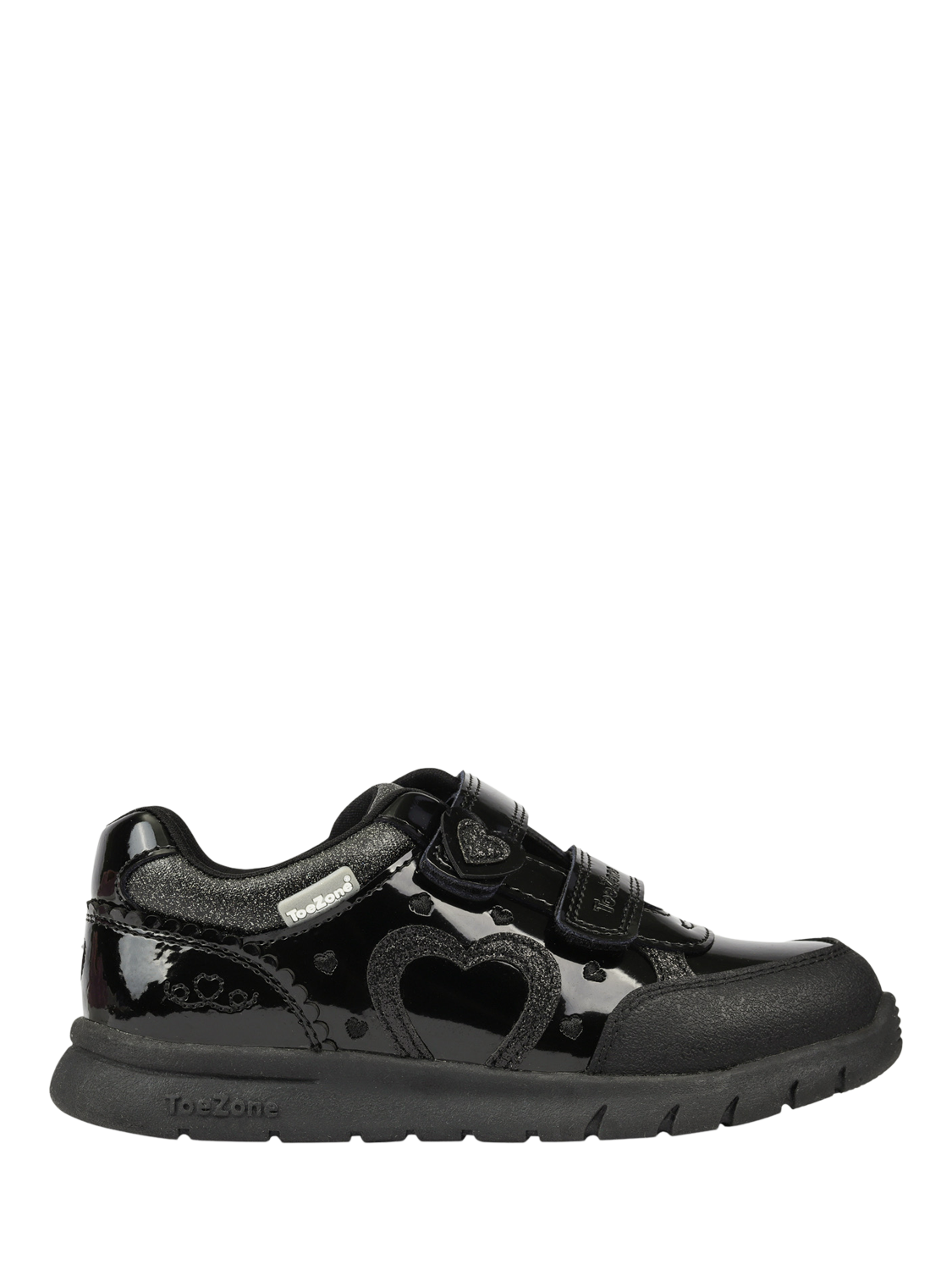Product image 1 of 10, which shows ToeZone Kids' Isla Patent Leather Heart Rip Tape School Shoes, Black, 8 Jnr