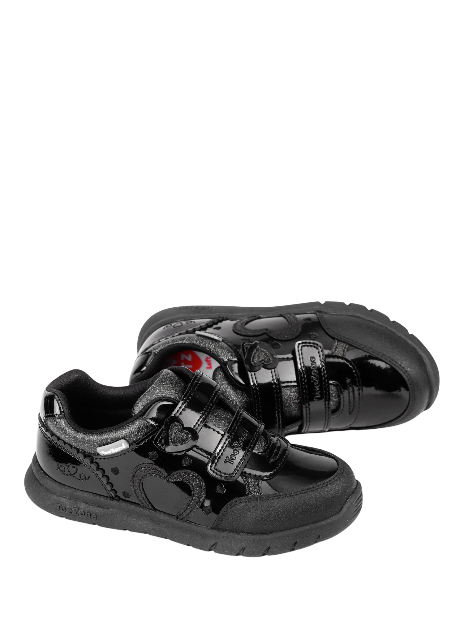 Product image 2 of 10, which shows ToeZone Kids' Isla Patent Leather Heart Rip Tape School Shoes, Black, 8 Jnr