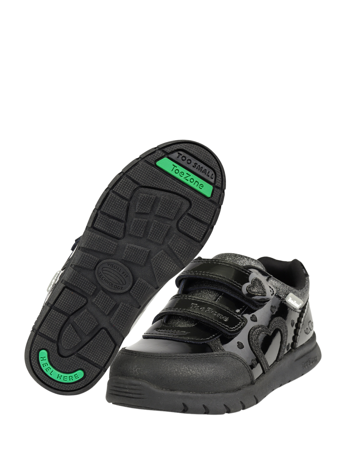 Product image 4 of 10, which shows ToeZone Kids' Isla Patent Leather Heart Rip Tape School Shoes, Black, 8 Jnr