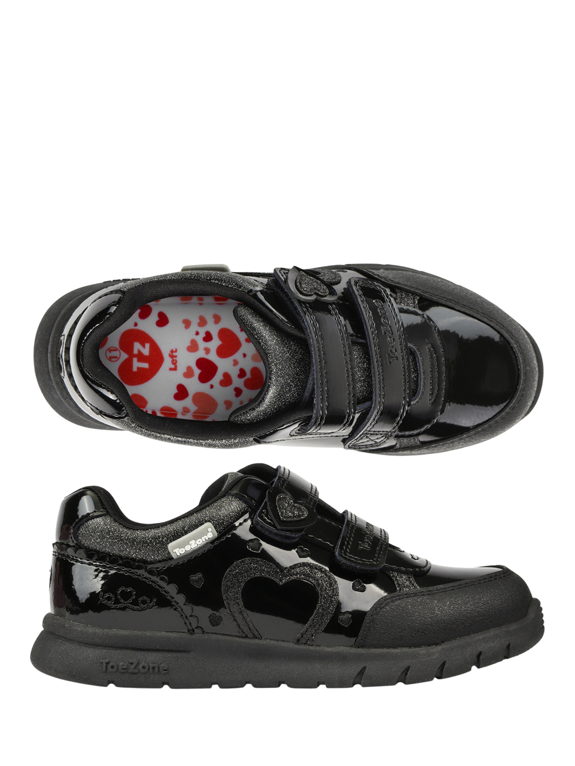 Product image 6 of 10, which shows ToeZone Kids' Isla Patent Leather Heart Rip Tape School Shoes, Black, 8 Jnr