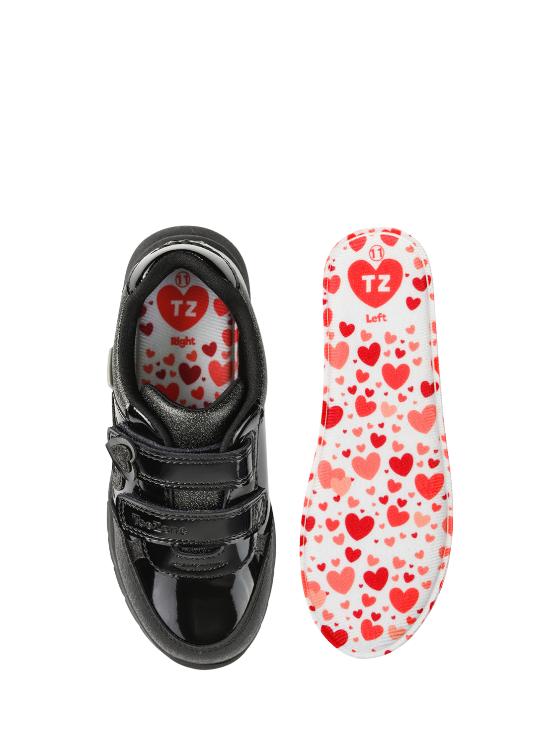 Product image 7 of 10, which shows ToeZone Kids' Isla Patent Leather Heart Rip Tape School Shoes, Black, 8 Jnr