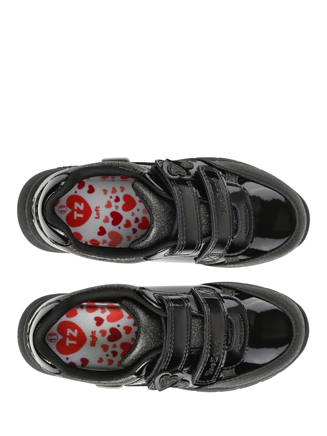 Product image 8 of 10, which shows ToeZone Kids' Isla Patent Leather Heart Rip Tape School Shoes, Black, 8 Jnr