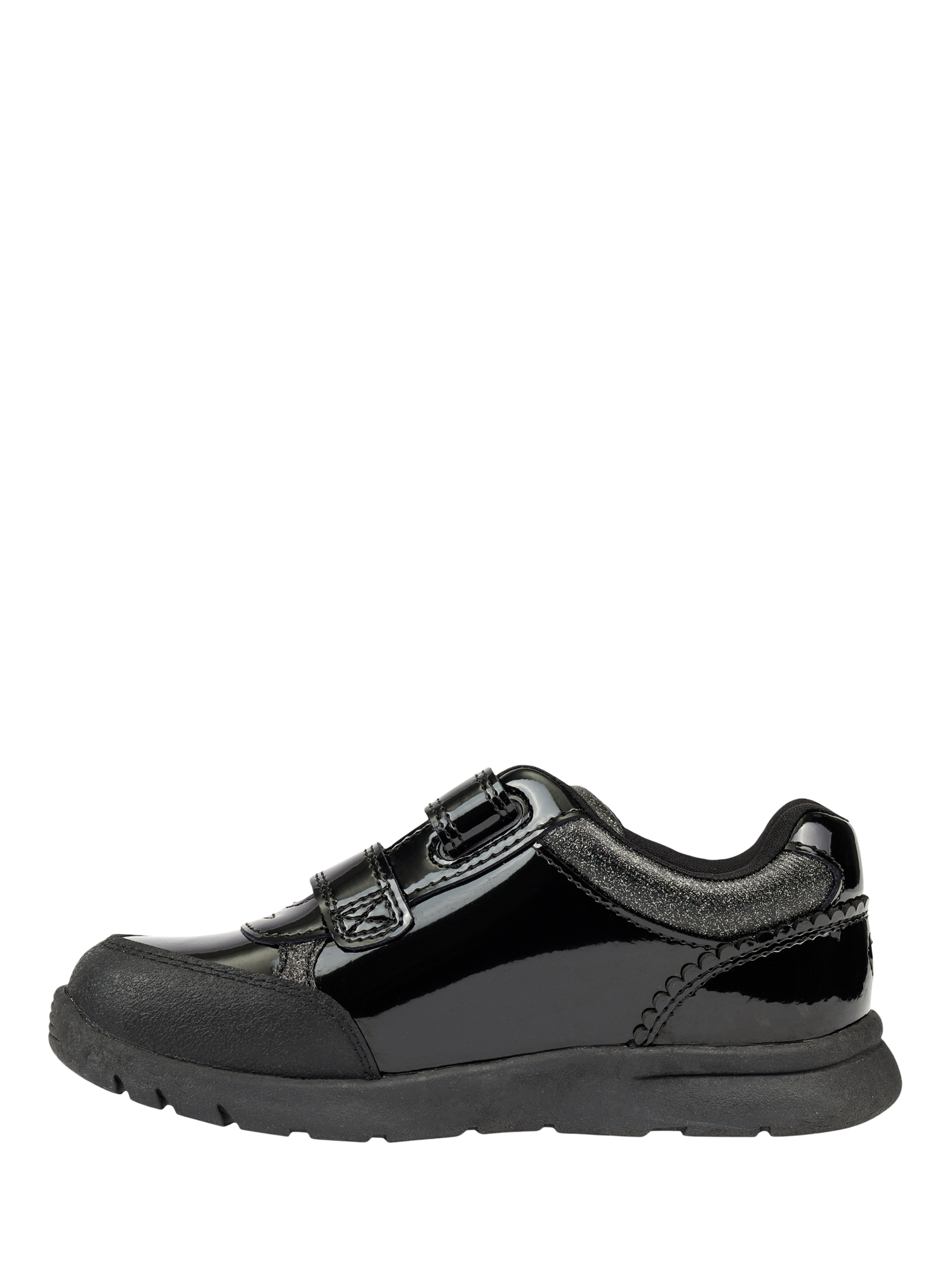 Product image 9 of 10, which shows ToeZone Kids' Isla Patent Leather Heart Rip Tape School Shoes, Black, 8 Jnr