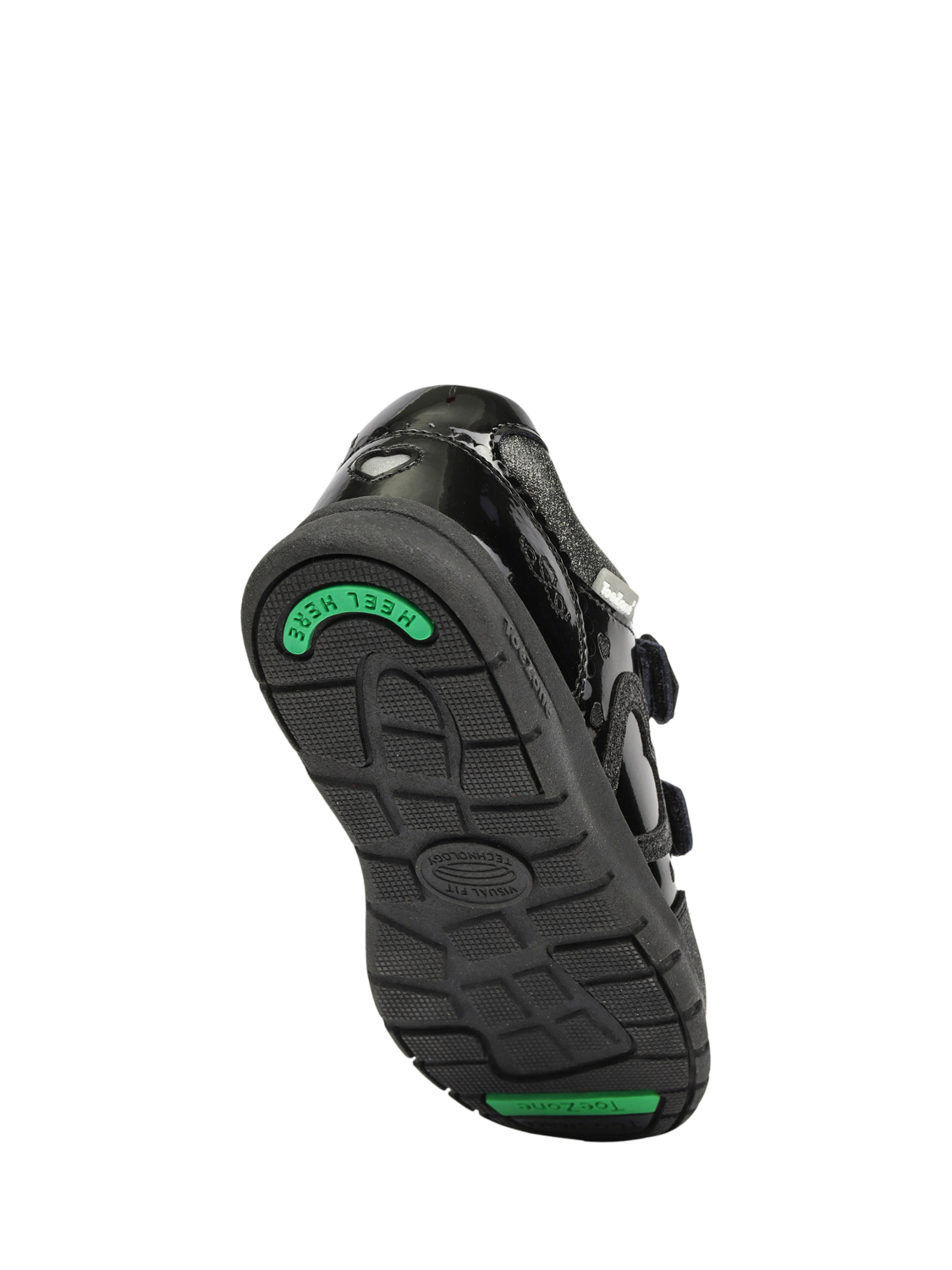 Product image 10 of 10, which shows ToeZone Kids' Isla Patent Leather Heart Rip Tape School Shoes, Black, 8 Jnr