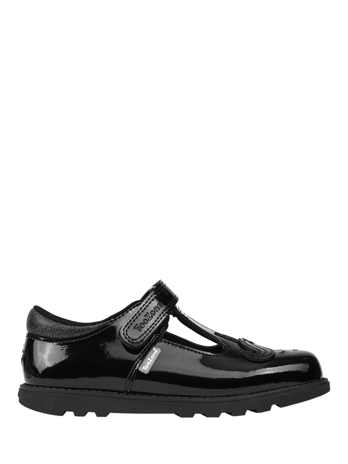 Product image 1 of 10, which shows ToeZone Lilo Patent Leather Rip Tape Unicorn School Shoes, Black, 6 Jnr