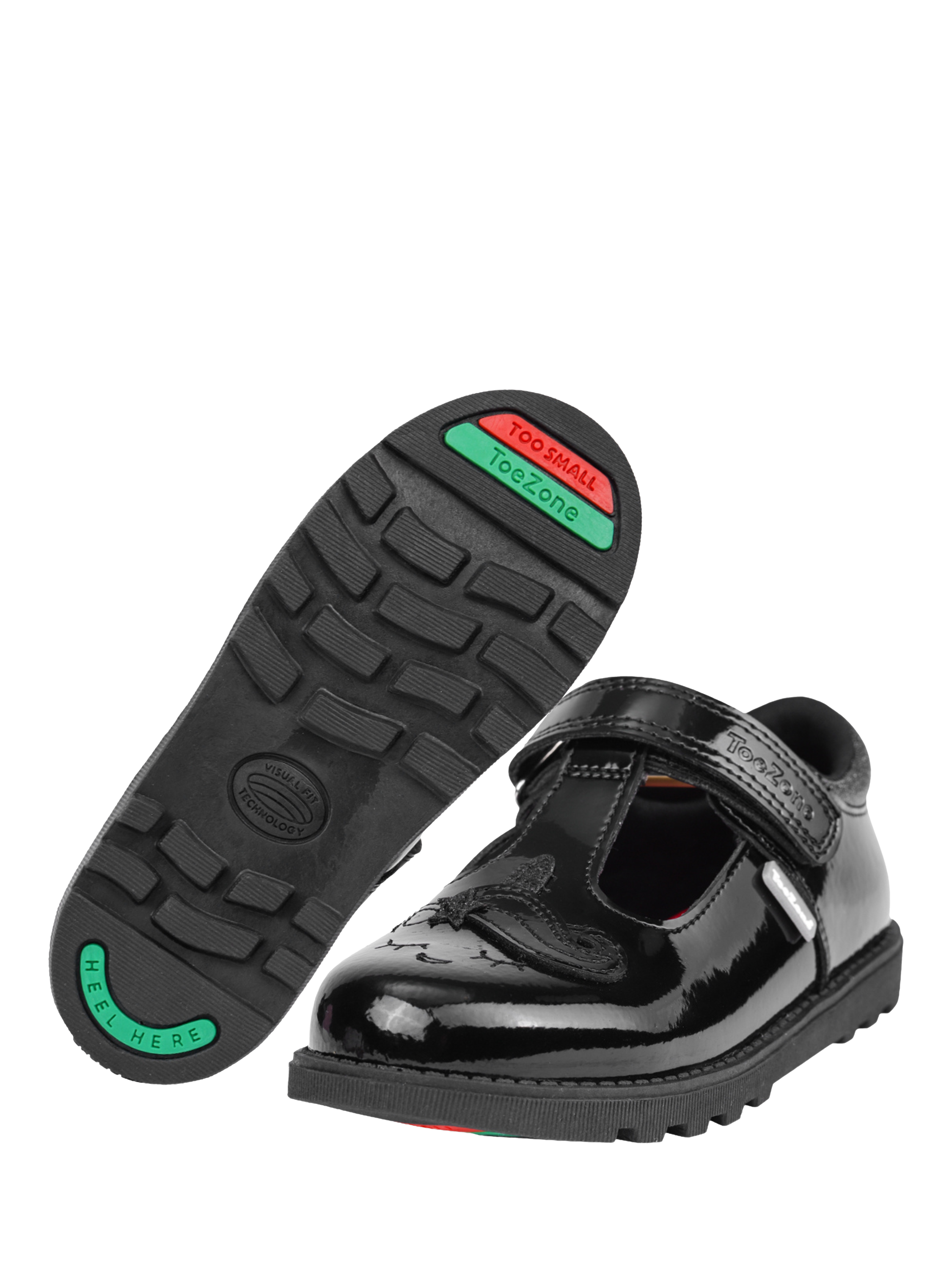 Product image 2 of 10, which shows ToeZone Lilo Patent Leather Rip Tape Unicorn School Shoes, Black, 6 Jnr