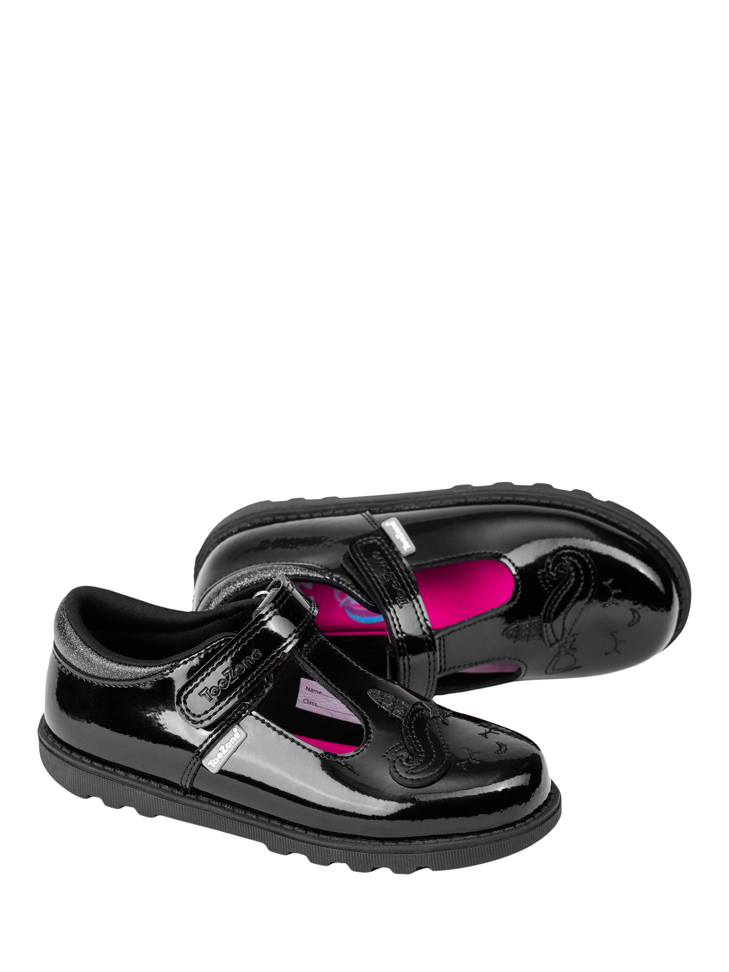 Product image 4 of 10, which shows ToeZone Lilo Patent Leather Rip Tape Unicorn School Shoes, Black, 6 Jnr