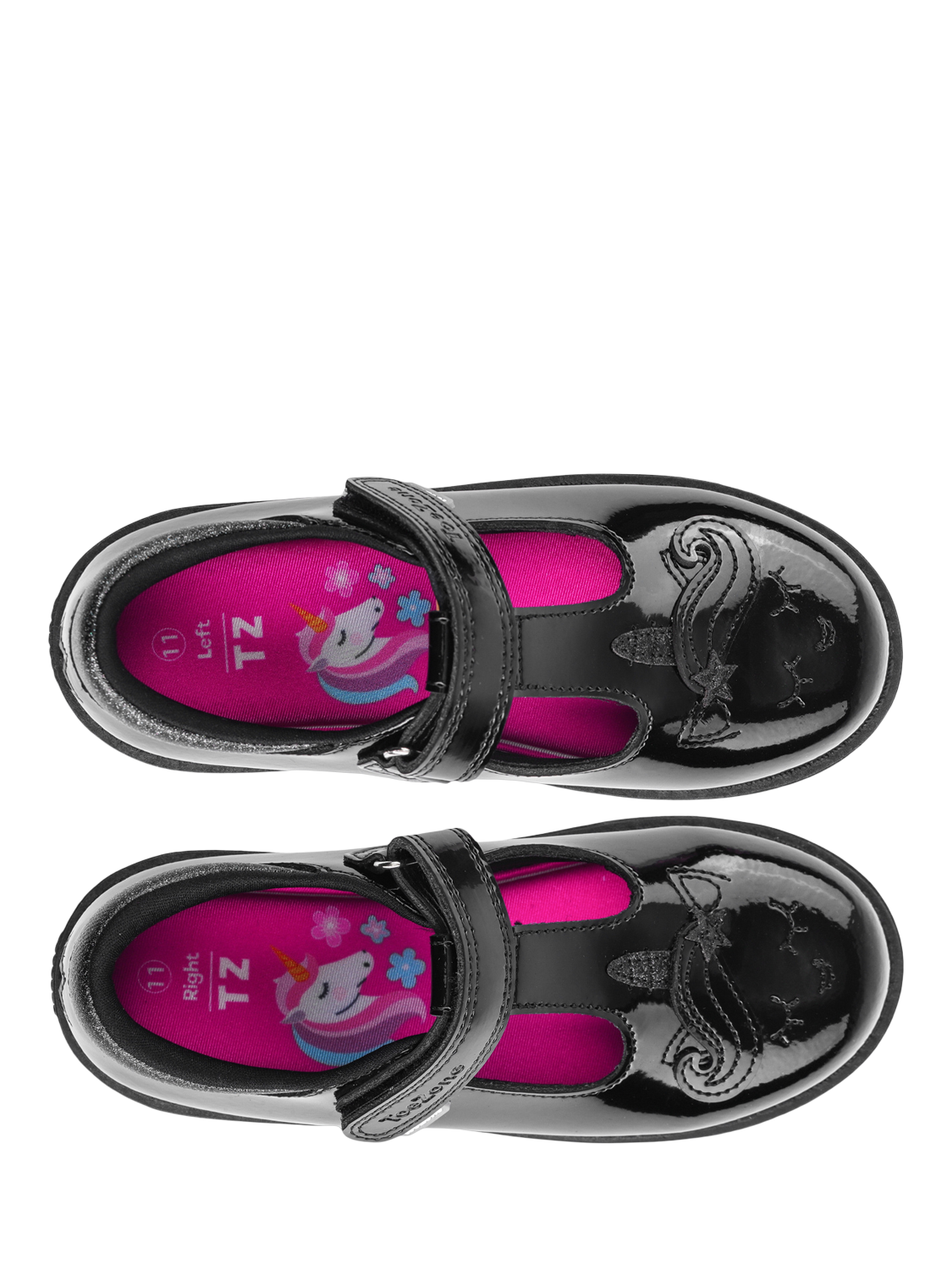 Product image 6 of 10, which shows ToeZone Lilo Patent Leather Rip Tape Unicorn School Shoes, Black, 6 Jnr