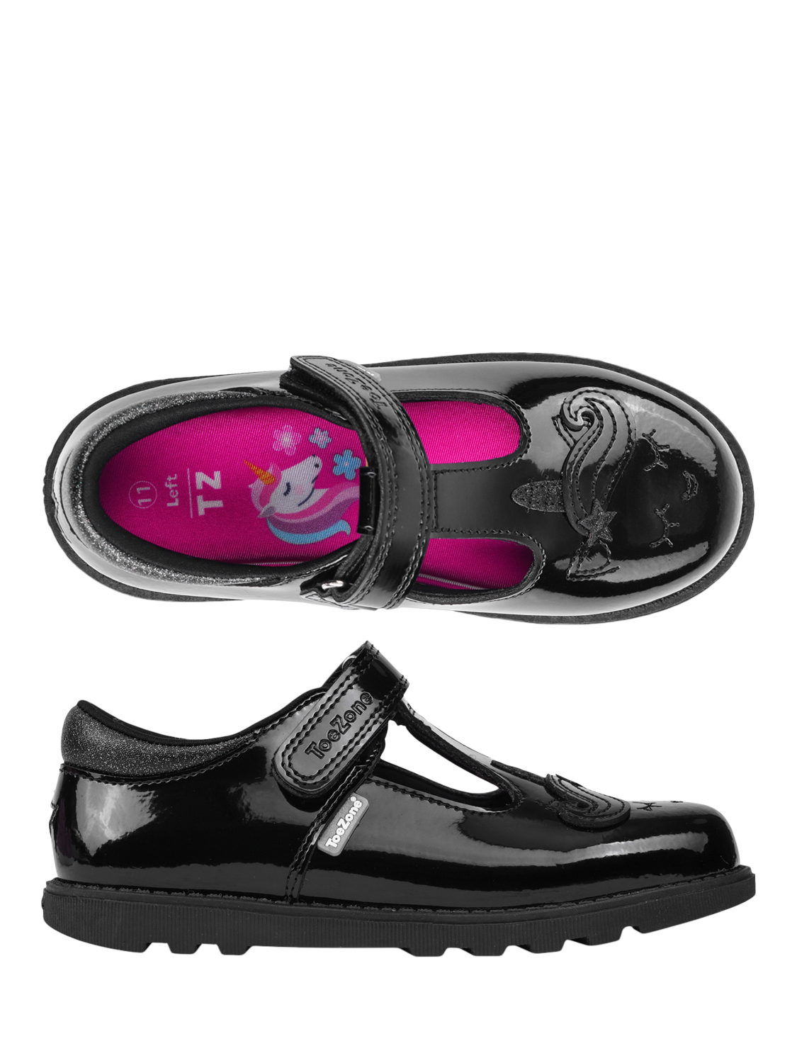Product image 8 of 10, which shows ToeZone Lilo Patent Leather Rip Tape Unicorn School Shoes, Black, 6 Jnr