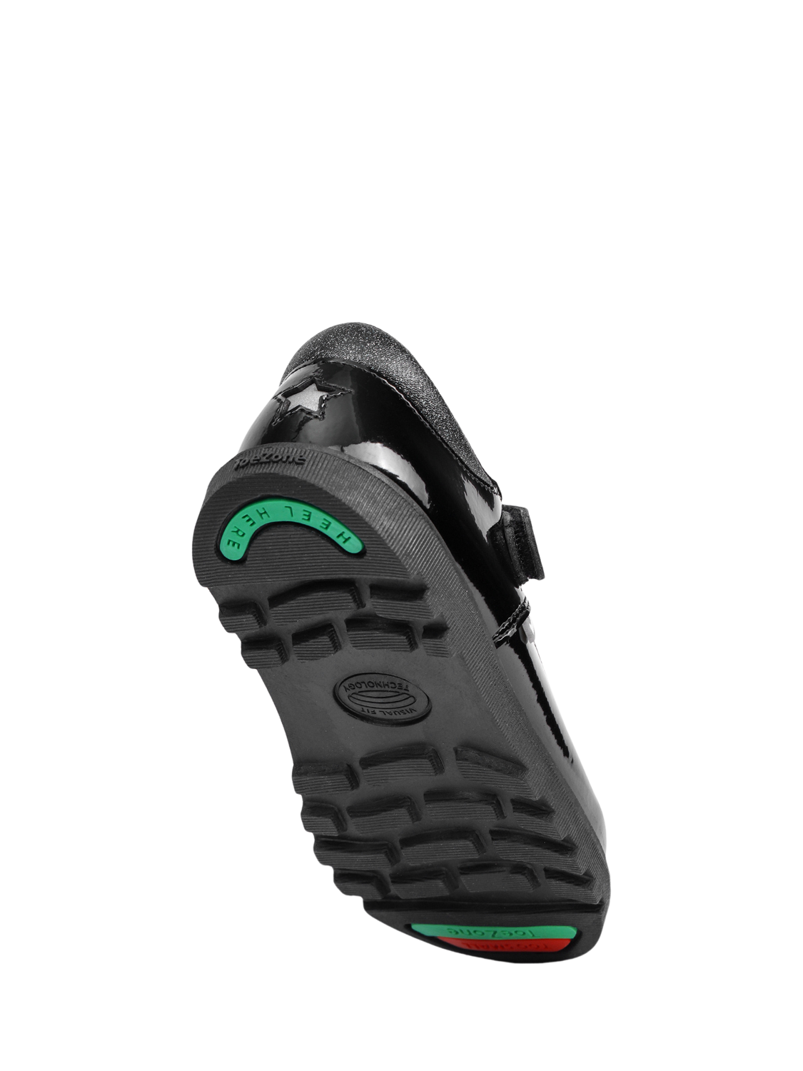 Product image 10 of 10, which shows ToeZone Lilo Patent Leather Rip Tape Unicorn School Shoes, Black, 6 Jnr