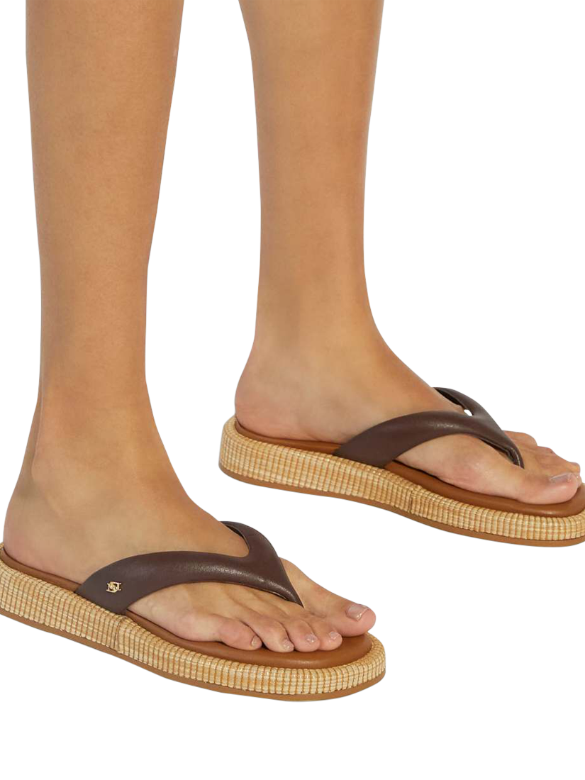 Product image 2 of 6, which shows Dune London Laike Leather Toe Post Wedge Heel Sandals, Brown, EU36