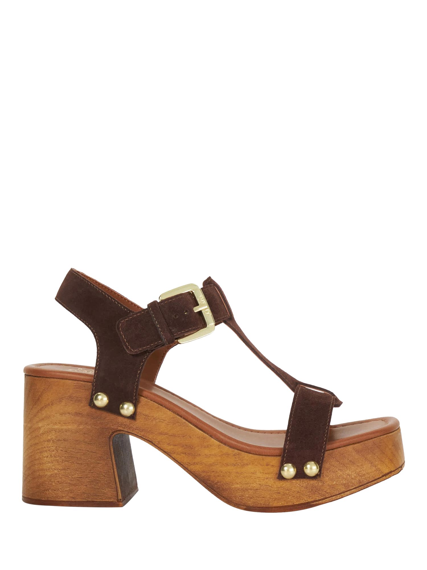 Product image 1 of 5, which shows Dune London Jaynie Suede Block Heel Strappy Sandals, Brown, EU36