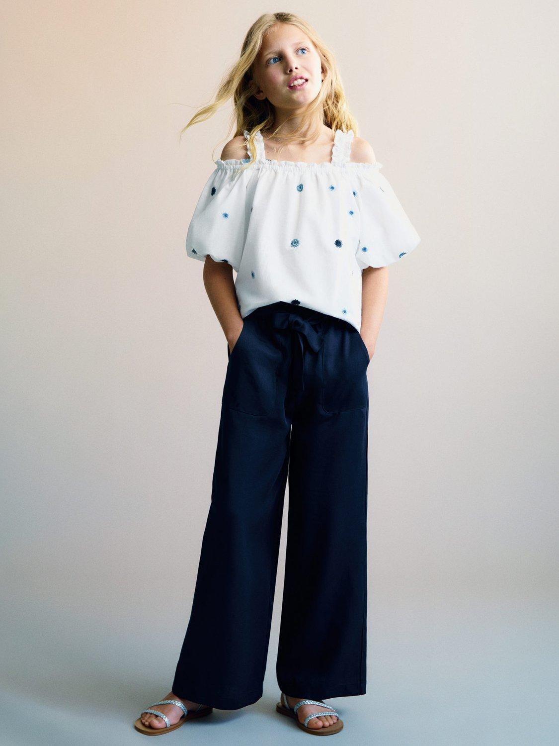 Product image 1 of 5, which shows Mango Kids' Blanes Wide Leg Trousers, Navy, 11-12 years