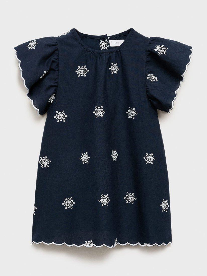 Product image 1 of 4, which shows Mango Kids' Lilia Cotton Blend Short Sleeved Embroidered Dress, Navy, 9-12 months