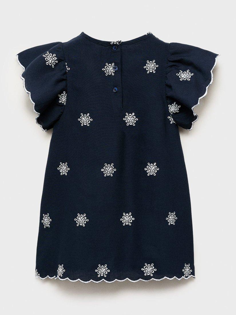 Product image 2 of 4, which shows Mango Kids' Lilia Cotton Blend Short Sleeved Embroidered Dress, Navy, 9-12 months