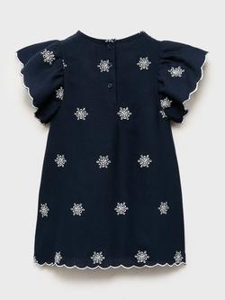 Mango Kids' Lilia Cotton Blend Short Sleeved Embroidered Dress, Navy - view 2, Navy