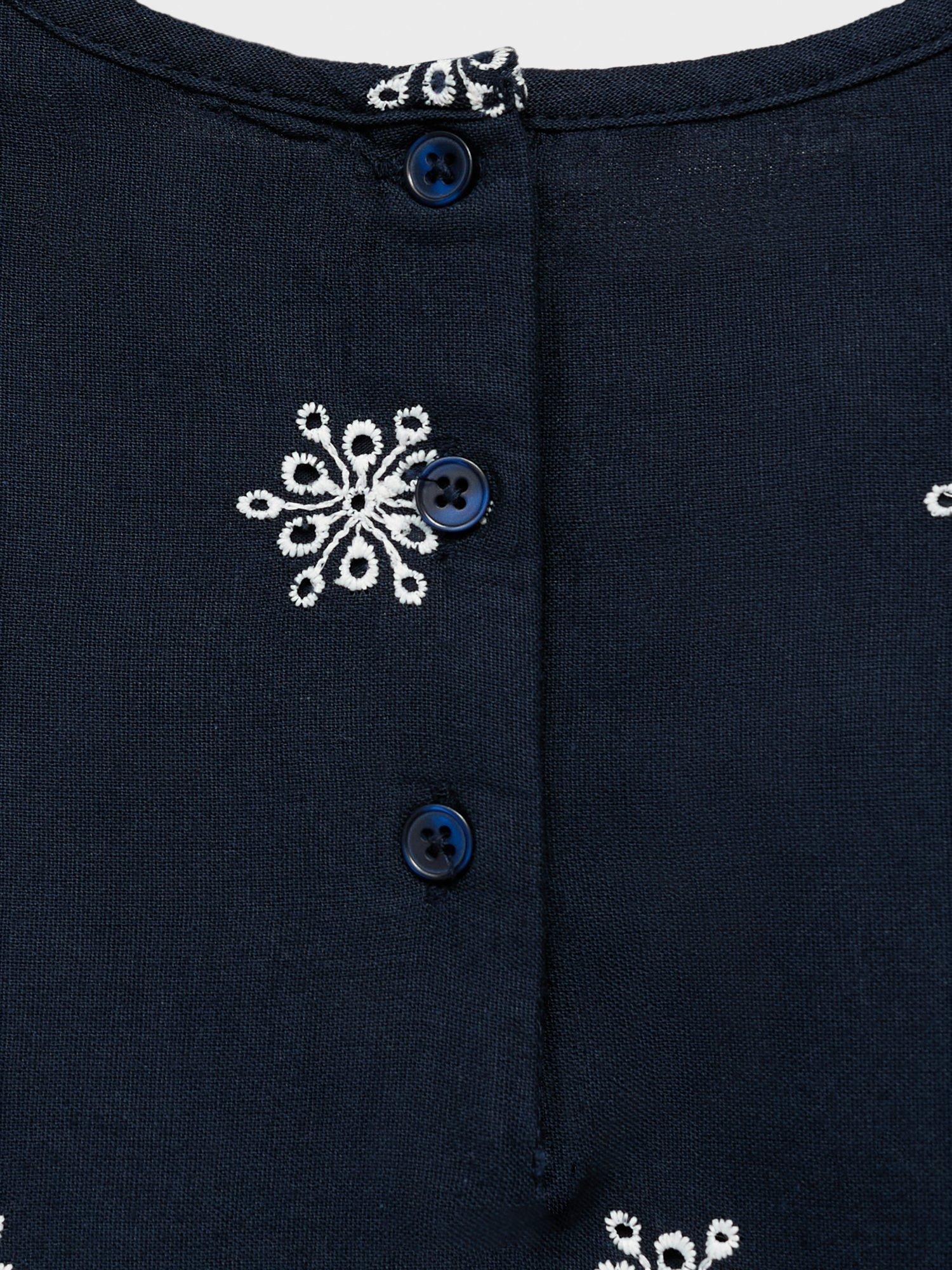 Product image 4 of 4, which shows Mango Kids' Lilia Cotton Blend Short Sleeved Embroidered Dress, Navy, 9-12 months