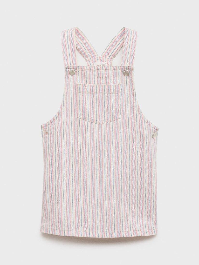 Mango Kids' Striped Denim Pinafore Dress, Beige/Multi