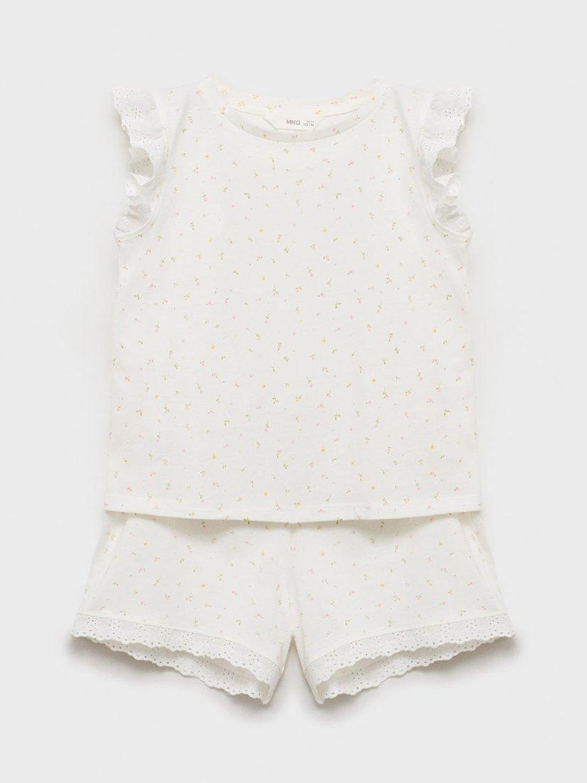 Product image 1 of 4, which shows Mango Kids' Blanca Floral Short Pyjamas, Natural White, 11-12 years