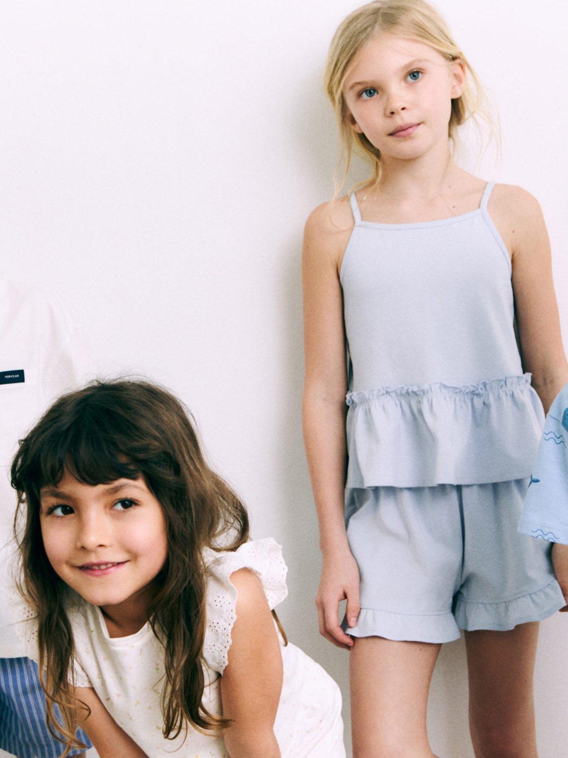 Product image 1 of 5, which shows Mango Kids' Cotton Floral Short Pyjama Set, Natural White, 12-18 months