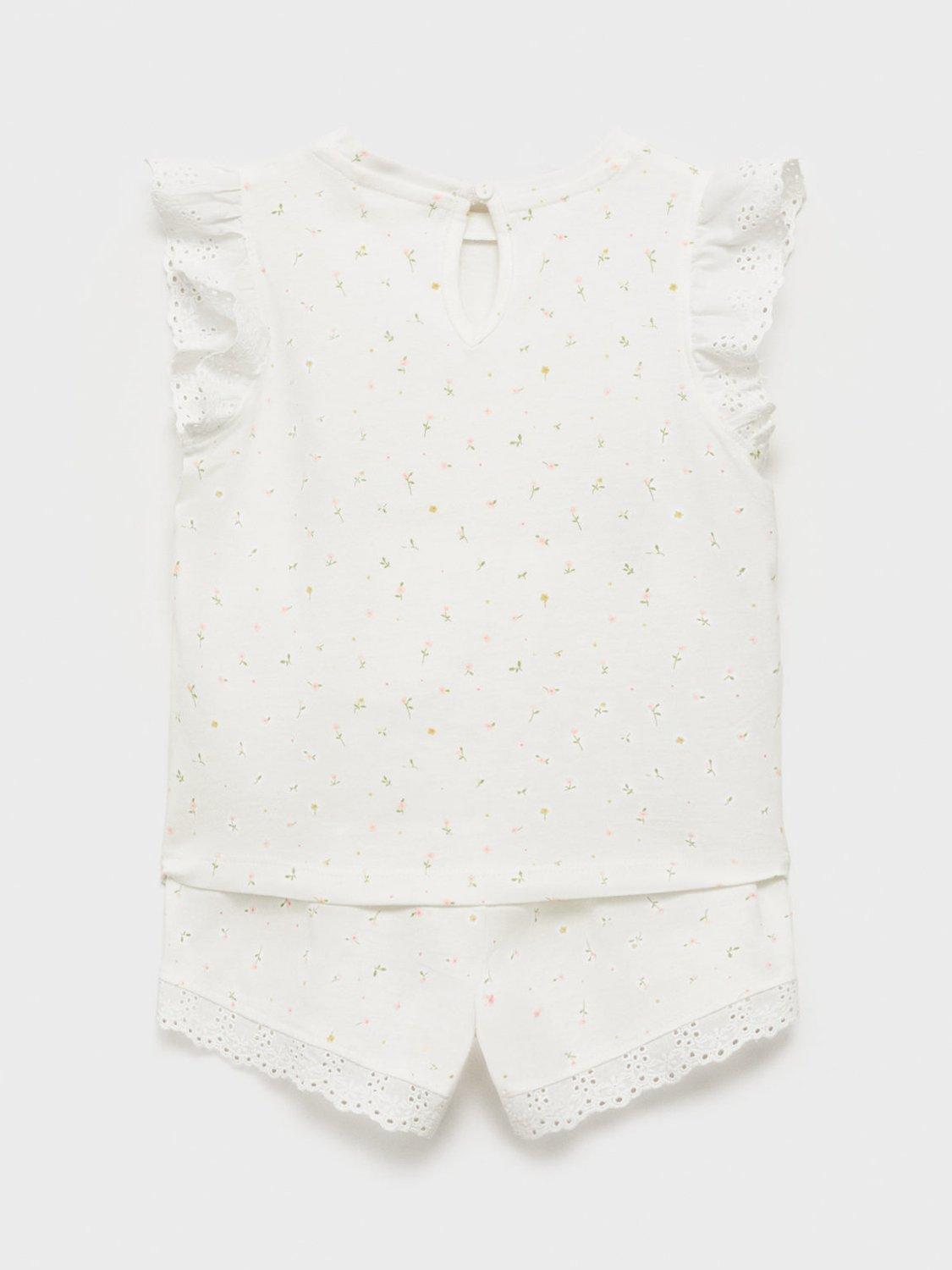 Product image 3 of 5, which shows Mango Kids' Cotton Floral Short Pyjama Set, Natural White, 12-18 months